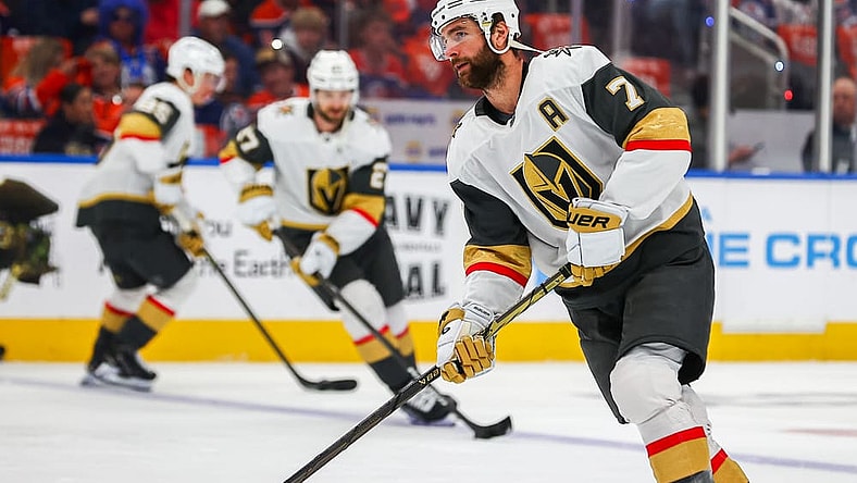 EDMONTON, AB - MAY 12: Las Vegas Golden Knights Defenceman Alex Pietrangelo (7) in action in the first period of the Stanley Cup Playoffs Second Round Edmonton Oilers game versus the Las Vegas Golden Knights on May 12, 2025 at Rogers Place in Edmonton, AB. (Photo by Curtis Comeau/Icon Sportswear)