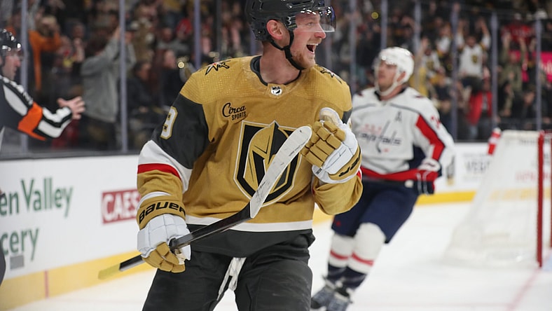 Golden Knights forward Jack Eichel celebrates after scoring a goal (Photo/Screenshot- Vegas Golden Knights via Twitter)
