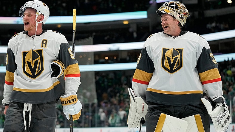 Eichel and Hill are all smiles after the VGK victory over the Stars 11/22/23, credit VGK twitter