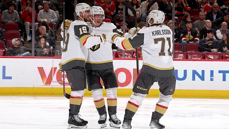 Vegas Golden Knights forward Victor Olofsson celebrates after scoring a goal with Reilly Smith and William Karlsson (Photo/Screenshot- Vegas Golden Knights via Twitter)