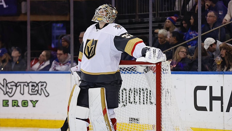Adin Hill during VGK's 5-2 win over the New York Rangers 1/26/24 (Photo/Screenshot- Vegas Golden Knights via Twitter)