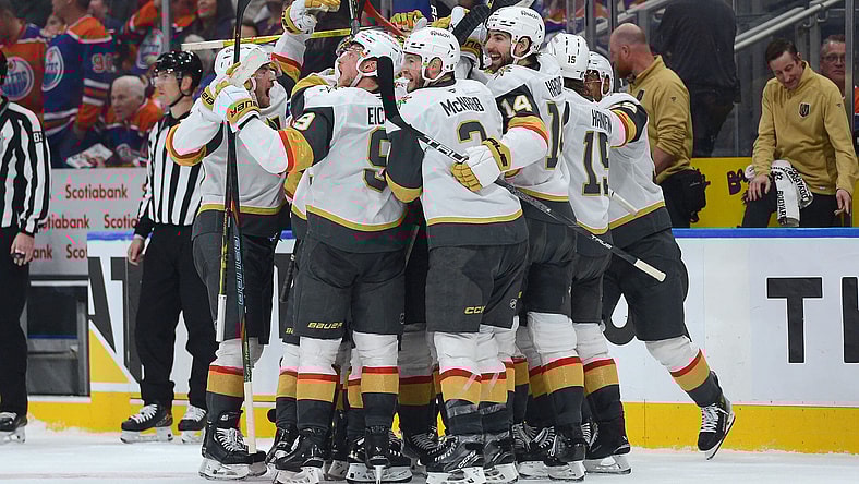 The Vegas Golden Knights celebrate their Game 3 win against the Edmonton Oilers 5/10/2025 (Photo/Screenshot- NHL via Twitter)
