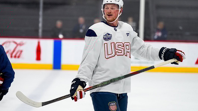 Jack Eichel practices with Team USA at the Four Nations Face-Off Tournament (Photo/Screenshot- Vegas Golden Knights via Twitter)
