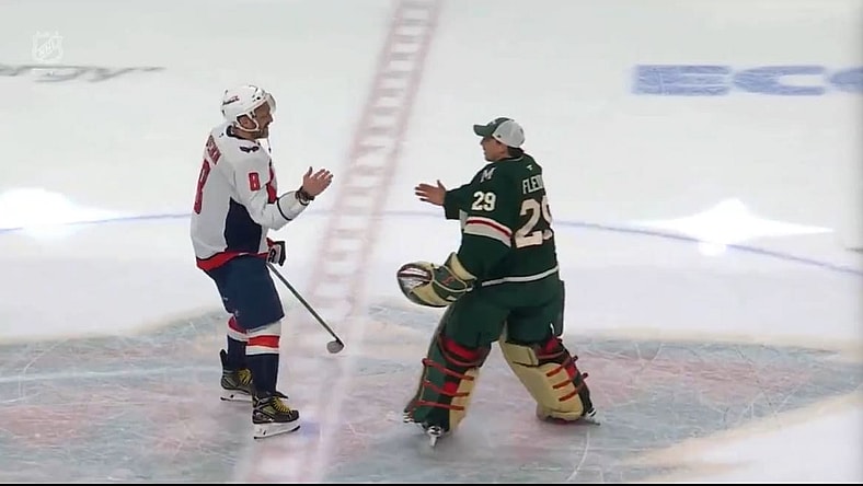 Alex Ovechkin shakes hands with Marc-André Fleury at center ice 3/27/2025 (Photo/Screenshot- Brady Trettenero via Twitter)