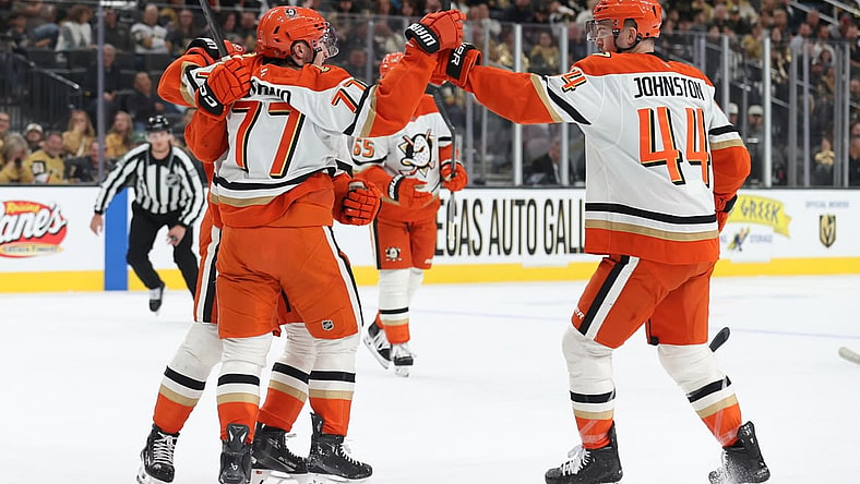 Frank Vatrano celebrates after scoring against the Vegas Golden Knights 11/8/2025 (Photo/Screenshot- Anaheim Ducks via Twitter)