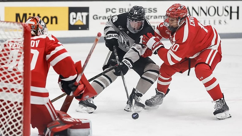 Providence Friars forward Trevor Connelly scores against Boston University Terriers goaltender Mikhail Yegorov on 2/14/2025 (Photo/Screenshot- Providence Friars Hockey via Instagram)