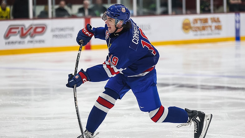 Trevor Connelly during the 2025 World Junior Summer Showcase (Photo/Screenshot- USA Hockey via Twitter)