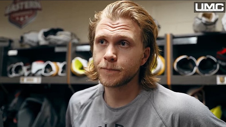 Vegas Golden Knights forward William Karlsson meets with the media 4/24/2025 (Photo/Screenshot- Vegas Golden Knights via Twitter)