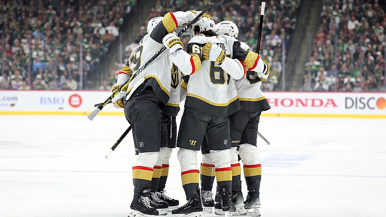 The Vegas Golden Knights celebrate after scoring 4/26/2025 (Photo/Screenshot- Vegas Golden Knights via Twitter)
