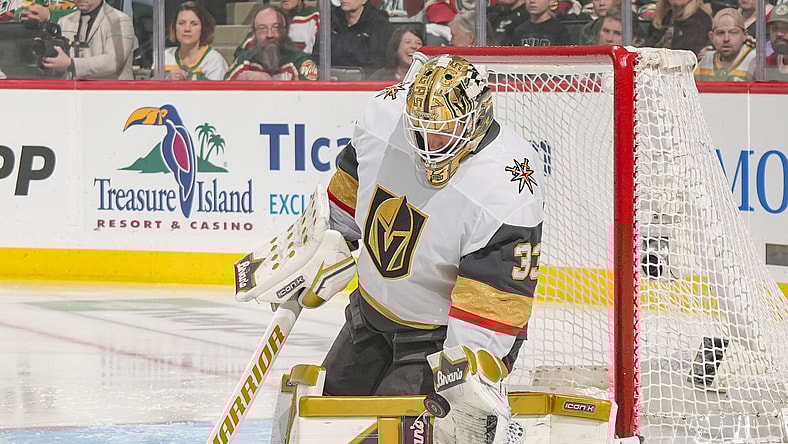 Vegas Golden Knights goaltender Adin Hill makes a save 4/26/2025 (Photo/Screenshot- Vegas Golden Knights via Twitter)