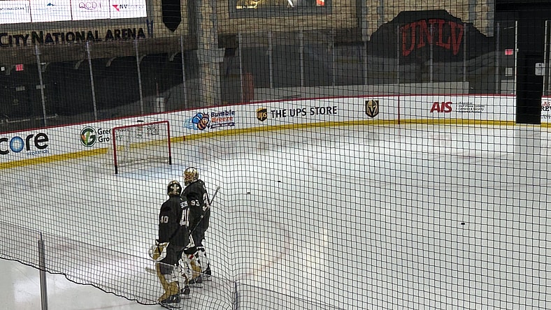 Vegas Golden Knights goaltenders Adin Hill and Akira Schmid