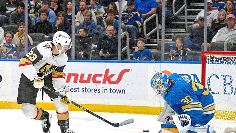 St. Louis Blues goaltender Joel Hofer makes a save on Cole Reinhardt 11/15/2025 (Photo/Screenshot- St. Louis Blues via Twitter)