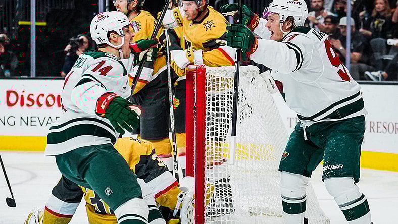 Joel Eriksson Ek and Kirill Kaprizov celebrate after scoring 4/22/2025 (Photo/Screenshot- Minnesota Wild via Twitter)