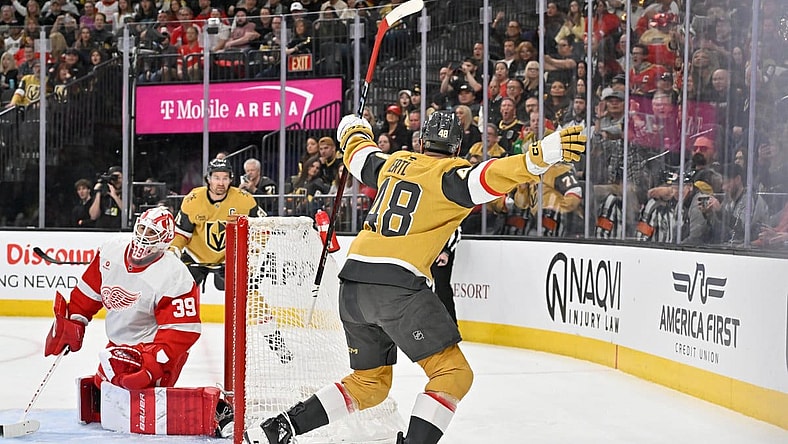 Vegas Golden Knights forward Tomáš Hertl celebrates after scoring against the Detroit Red Wings (Photo/Screenshot- Vegas Golden Knights via Twitter)