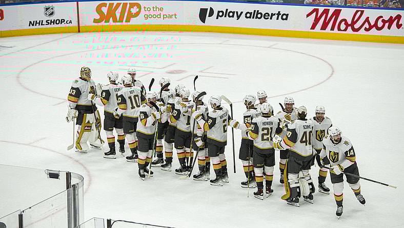 The Vegas Golden Knights congratulate goaltender Adin Hill following their Game 3 win over the Edmonton Oilers 5/10/2025 (Photo/Screenshot- NHL via Twitter)