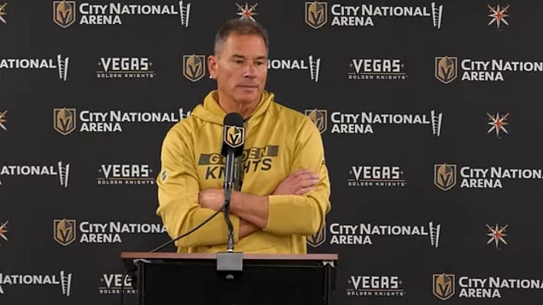 Vegas Golden Knights head coach Bruce Cassidy meets with the media after morning skate 11/29/2025 (Photo/Screenshot- Vegas Golden Knights via Twitter)