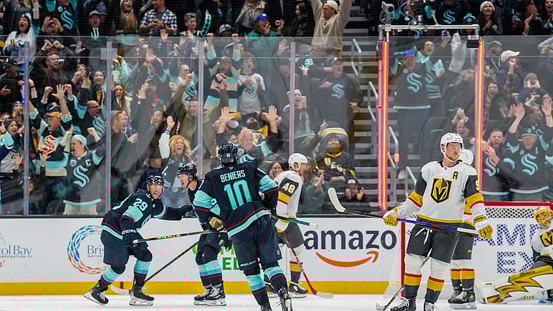 Seattle Kraken forward Jared McCann celebrates scoring the overtime winner against the Vegas Golden Knights 10/11/2025 (Photo/Screenshot- Seattle Kraken via Twitter)