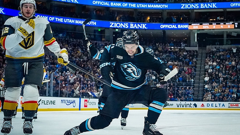 Utah Mammoth forward Dylan Guenther celebrates scoring against the Vegas Golden Knights 11/24/2025 (Photo/Screenshot- Utah Mammoth via Twitter)