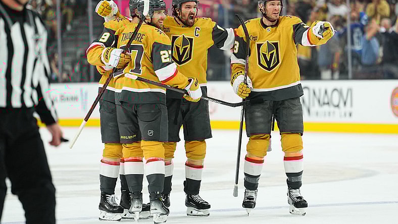 The Vegas Golden Knights celebrate after Mark Stone's goal 4/29/2025 (Photo/Screenshot- Vegas Golden Knights via Twitter)