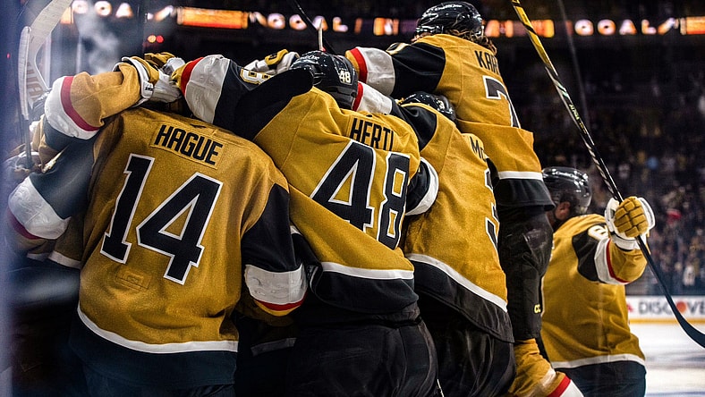 The Vegas Golden Knights celebrate after Brett Howden's overtime winner 4/29/2025 (Photo/Screenshot- Vegas Golden Knights via Twitter)
