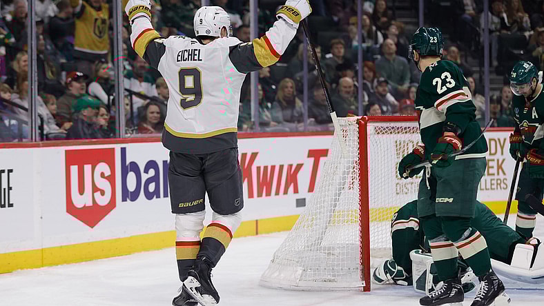 Jack Eichel celebrates after scoring a goal vs the Minnesota Wild (Photo/Screenshot- Vegas Golden Knights via Twitter)