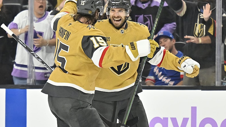 Vegas Golden Knights defenseman Shea Theodore celebrates scoring his first goal of the season (Photo/Screenshot- Vegas Golden Knights via Twitter)