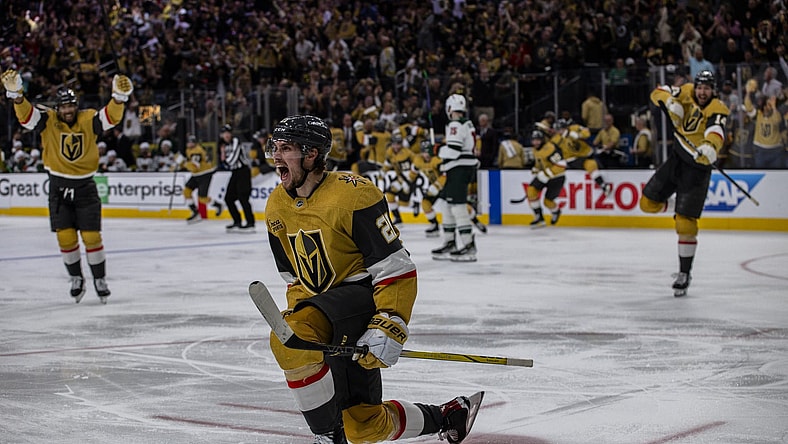 Vegas Golden Knights forward Brett Howden celebrates after scoring in overtime 4/29/2025 (Photo/Screenshot- Vegas Golden Knights via Twitter)