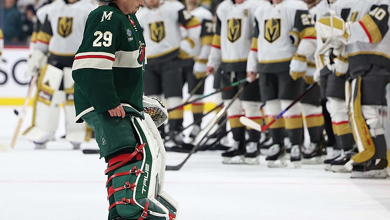 Marc-André Fleury goes through the handshake line after the Vegas Golden Knights eliminated the Minnesota Wild 5/1/2025 (Photo/Screenshot- Barstool Sports via Twitter)