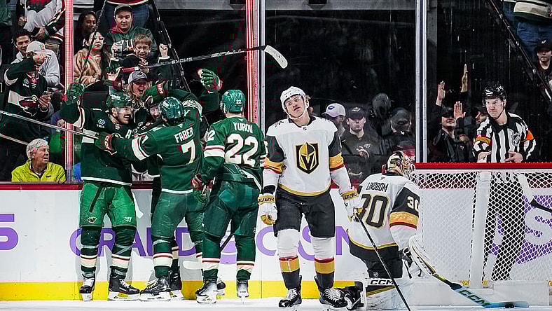 Minnesota Wild forward Yakov Trenin celebrates scoring against the Vegas Golden Knights 11/16/2025 (Photo/Screenshot- Minesota Wild via Twitter)
