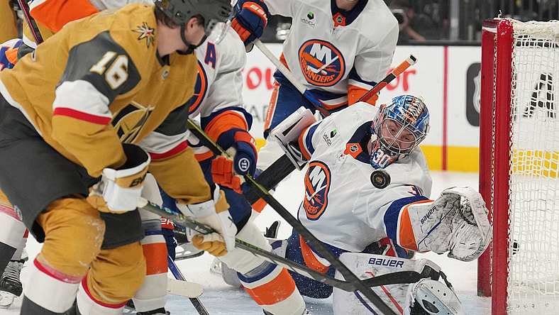 New York Islanders goaltender Ilya Sorokin makes a save on Pavel Dorofeyev in overtime 11/13/2025 (Photo/Screenshot- New York Islanders via Twitter)