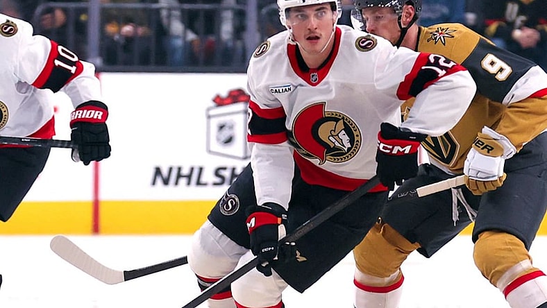 Ottawa Senators forward Shane Pinto skates through the neutral zone in the first period against the Vegas Golden Knights 11/26/2025 (Photo/Screenshot- Ottawa Senators via Twitter)