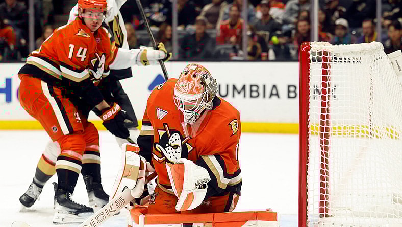 Anaheim Ducks goaltender Lukáš Dostál makes a save against the Vegas Golden Knights (Photo/Screenshot- Anaheim Ducks via Twitter)