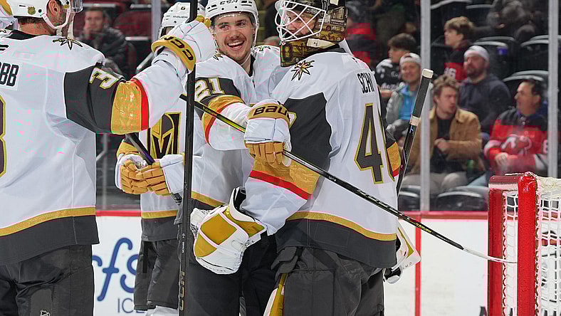 The Vegas Golden Knights celebrate Akira Schmid's shutout against the New Jersey Devils 12/5/2025 (Photo/Screenshot- Vegas Golden Knights via Twitter)