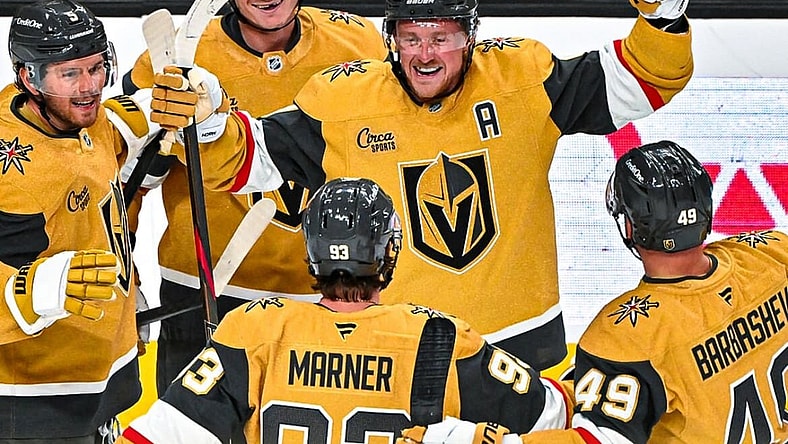 Vegas Golden Knights Jack Eichel, Mitch Marner, and Ivan Barbashev celebrate after connecting for a goal 10/8/2025 (Photo/Screenshot- NHL via Instagram)