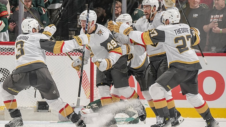 The Vegas Golden Knights celebrate after Ivan Barbashev's overtime game winner 4/26/2025 (Photo/Screenshot- Vegas Golden Knights via Twitter)
