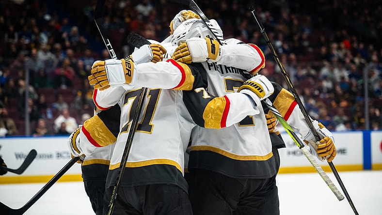 The Vegas Golden Knights celebrate after scoring the go-ahead goal against the Vancouver Canucks 4/6/2025 (Photo/Screenshot- Vegas Golden Knights via Twitter)