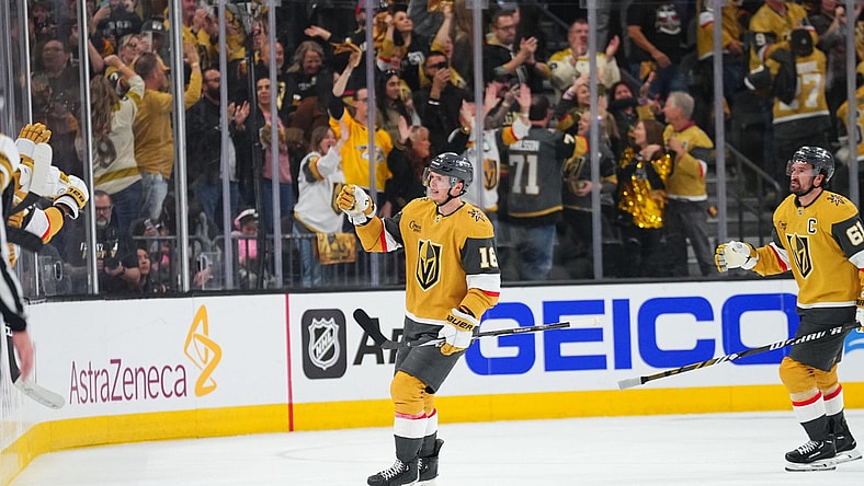 Pavel Dorofeyev celebrates after scoring 4/20/2025 (Photo/Screenshot- Vegas Golden Knights via Twitter)
