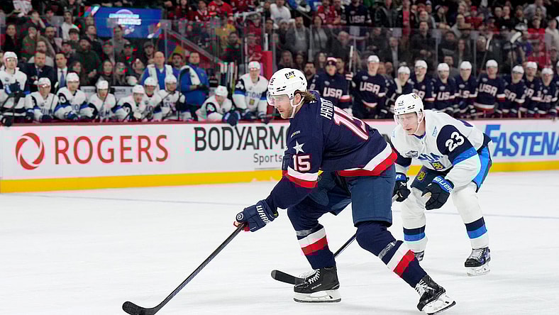 Vegas Golden Knights defenseman Noah Hanifin on a breakaway for Team USA. (Photo/Screenshot- Vegas Golden Knights via Twitter)