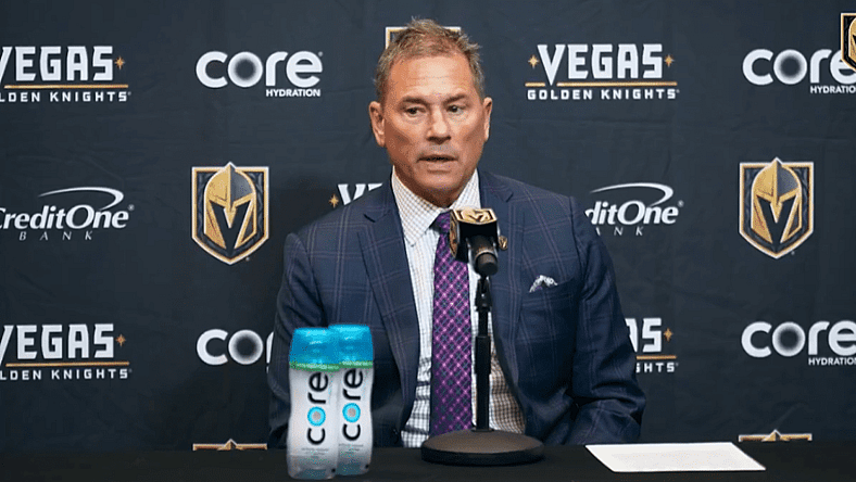 Golden Knights head coach Bruce Cassidy meets with the media 4/3/2025 (Photo/Screenshot- Vegas Golden Knights via Twitter)