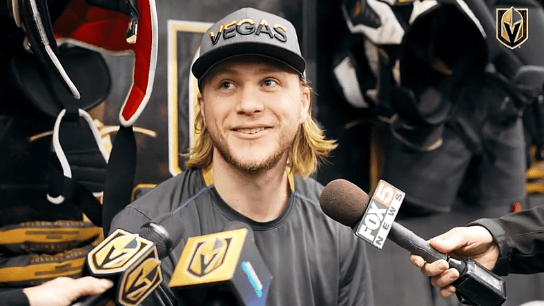 Vegas Golden Knights forward William Karlsson meets with the media 3/20/2025 (Photo/Screenshot- Vegas Golden Knights via Twitter)