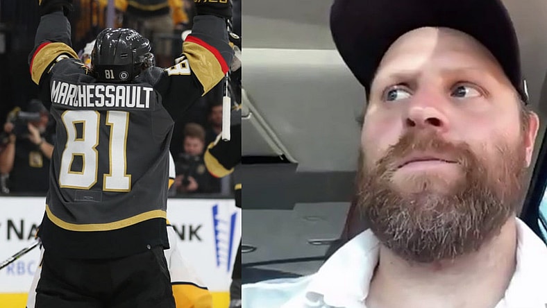 Phil Kessel Vegas Golden Knights media availability Evgenii Dadonov and Jonathan Marchessault celebrate goal (Photo- Vegas Golden Knights via Twitter)