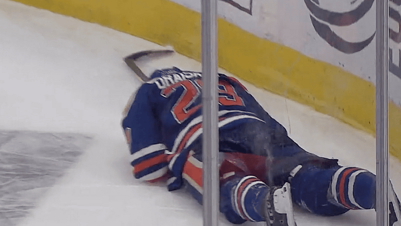 Vegas Golden Knights defenseman Alex Pietrangelo slashes Leon Draisaitl, Edmonton Oilers