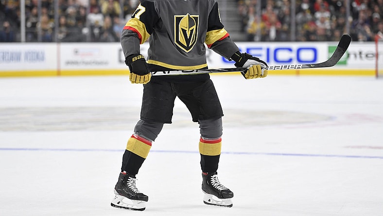 LAS VEGAS, NEVADA - JUNE 06: Shea Theodore #27 of the Vegas Golden Knights skates during the first period against the Colorado Avalanche in Game Four of the Second Round of the 2021 Stanley Cup Playoffs at T-Mobile Arena on June 06, 2021 in Las Vegas, Nevada. (Photo by Jeff Bottari/NHLI via Getty Images)