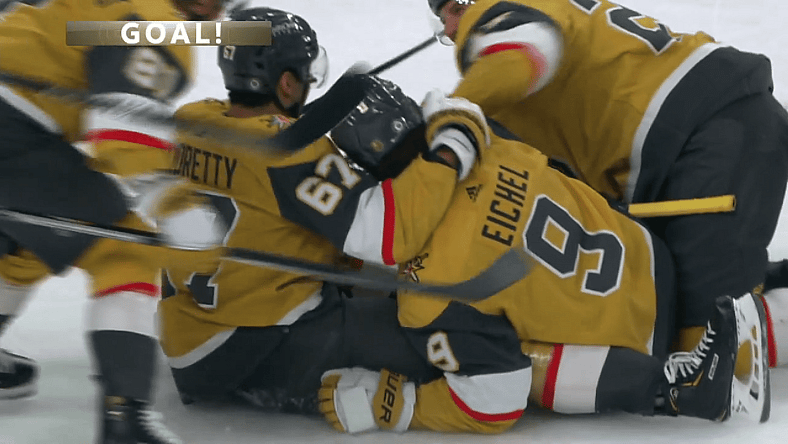 Vegas Golden Knights goal celebration Jack Eichel Ottawa Senators buzzer beater (Photo- At&t Sportsnet screenshot)