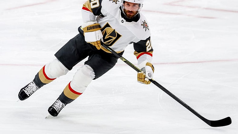 SUNRISE, FL - OCTOBER 25: Vegas Golden Knights left wing Brandon Saad (20) looks on in the first period during the game between the Golden Knights and the Florida Panthers on Saturday, October 25, 2025 at Amerant Bank Arena in Sunrise, FL.(Photo by Chris Arjoon/Icon Sportswire)