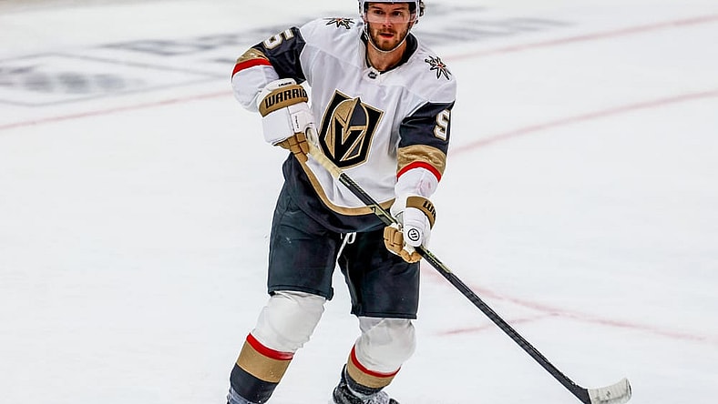 SUNRISE, FL - OCTOBER 25: Vegas Golden Knights defenseman Jeremy Lauzon (5) looks on in the first period during the game between the Golden Knights and the Florida Panthers on Saturday, October 25, 2025 at Amerant Bank Arena in Sunrise, FL.(Photo by Chris Arjoon/Icon Sportswire)