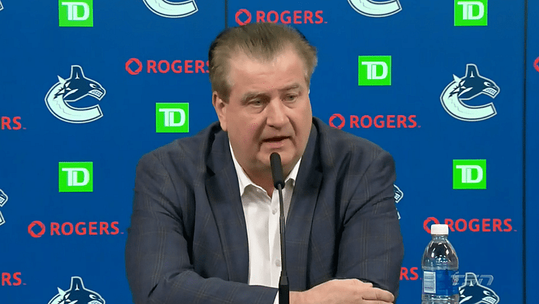 Jim Benning addresses media Vancouver Canucks (Photo: Rob Simpson Vancouver Hockey Now)