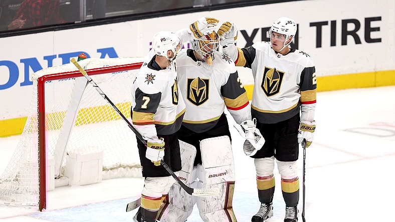 Vegas Golden Knights Laurent Brossoit, Zach Whitecloud, and Alex Pietrangelo (Photo- Vegas Golden Knights via Twitter)