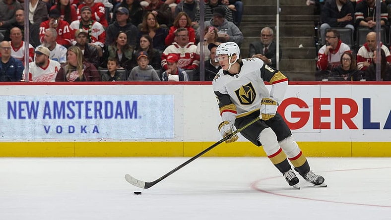 DETROIT, MI - MARCH 16: Vegas Golden Knights defenseman Kaedan Korczak (6) skates with the puck during the second period of an NHL regular season hockey game between the Vegas Golden Knights and the Detroit Red Wings on March 16, 2025 at Little Caesars Arena in Detroit, Michigan. (Photo by Scott W. Grau/Icon Sportswire)