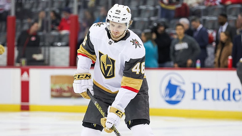 NEWARK, NJ - JANUARY 22: Vegas Golden Knights right wing Jonas Rondbjerg (46) warms up before a game between the Vegas Golden Knights and New Jersey Devils on January 22, 2024 at Prudential Center in the Newark, New Jersey. (Photo by Andrew Mordzynski/Icon Sportswire)